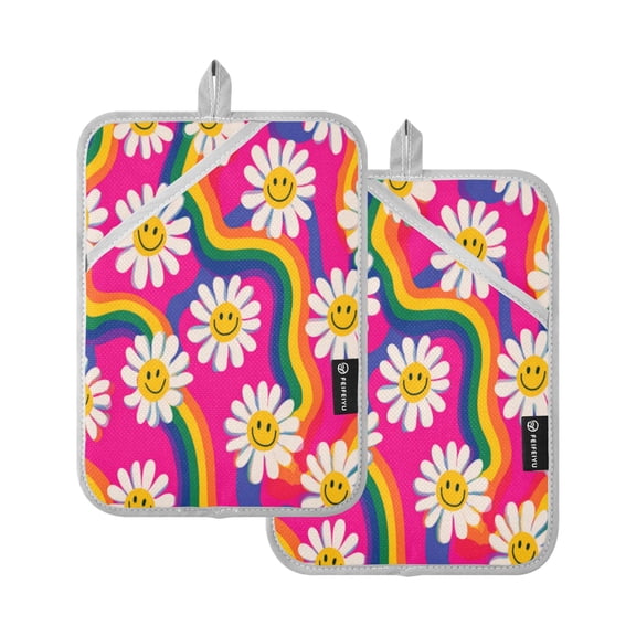 2Pack Heat-Resistant Quilted Cotton Potholders - Stylish Kitchen Grips for Hot Pots & Pans Ovens Groovy Daisies with Smiley Faces
