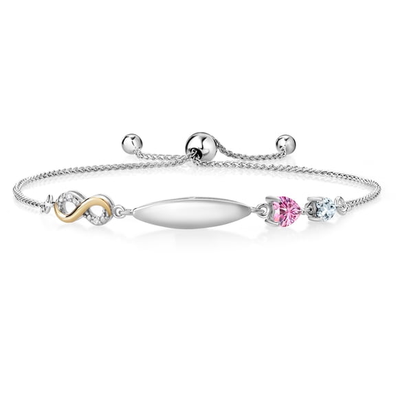 Gem Stone King 925 Silver and 10K Yellow Gold Lab Grown Diamond Bracelet for Women Pink Moissanite Aquamarine (0.77 Cttw)