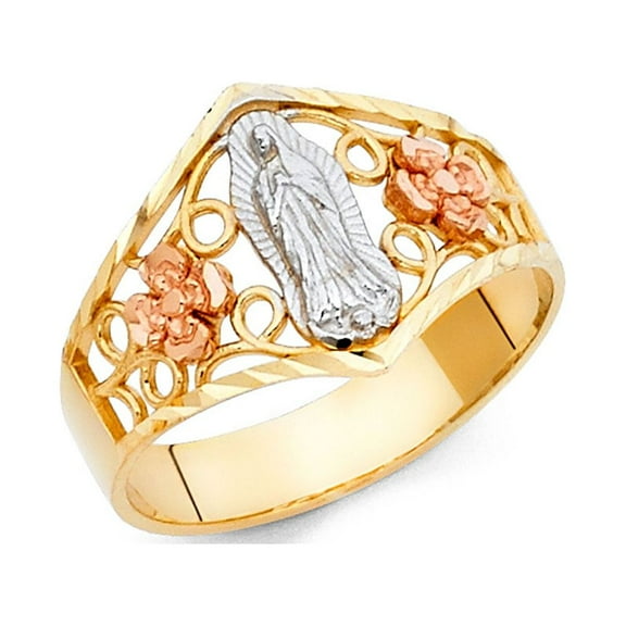 Lady Guadalupe Flower Ring 14k Yellow White Rose Gold Virgin Mary Tapered Band Fancy Style 12MM Size 7