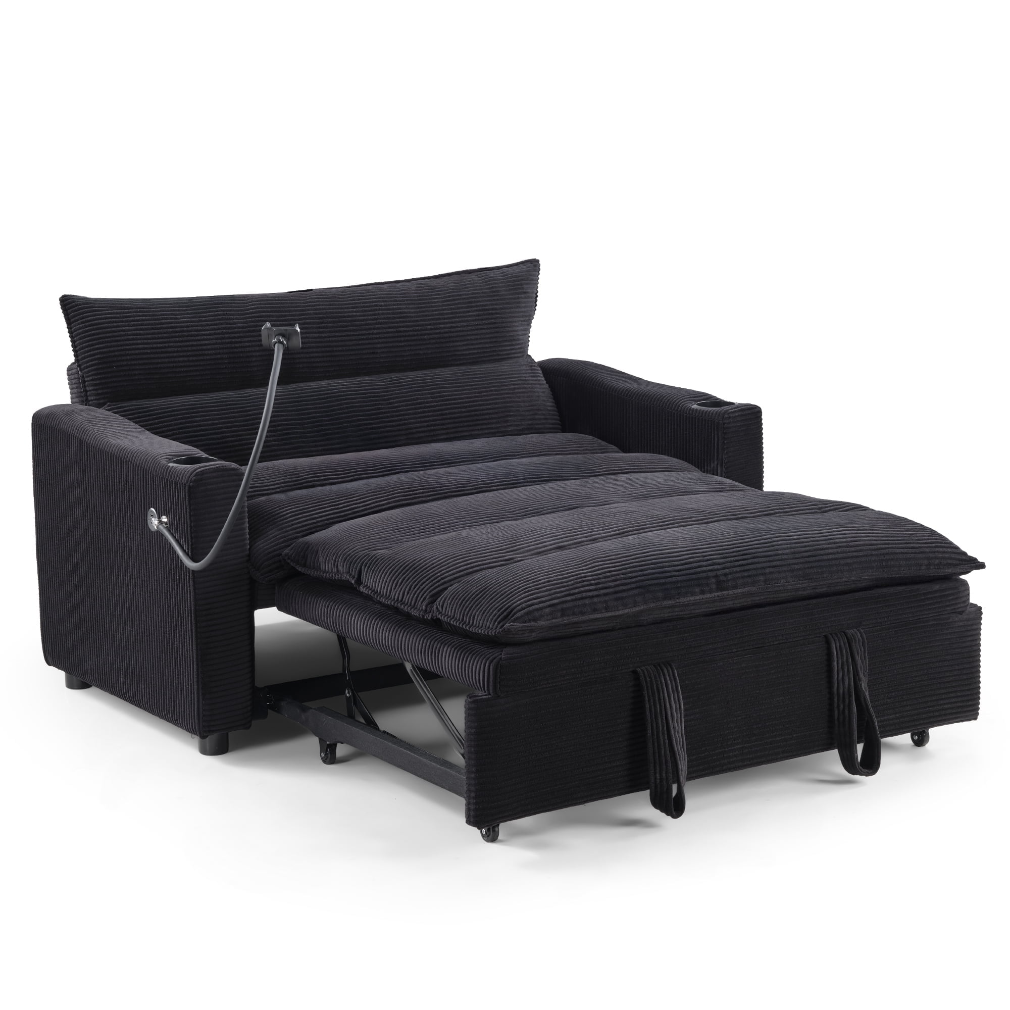 Ebello 3-in-1 Sleeper Sofa Bed, Corduroy Convertible Pullout Futon Couch with Adjustable Backrest, Phone Holders & USB Ports for Apartment, Small Space, 2-Seat(Black)
