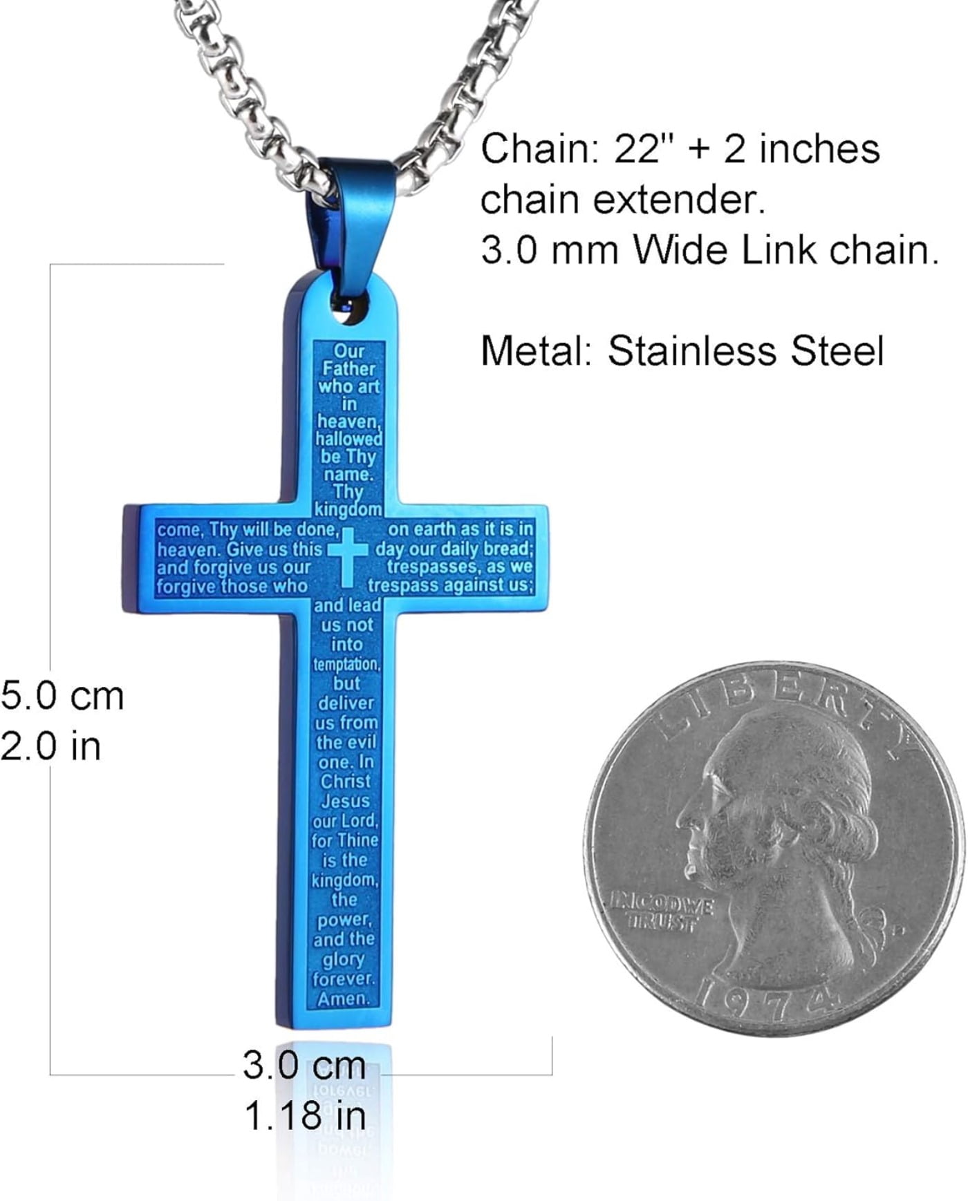 Celvieroot Stainless Steel Mens Womens Cross Necklace Lord's Prayer Pendant, 4 Colors Available