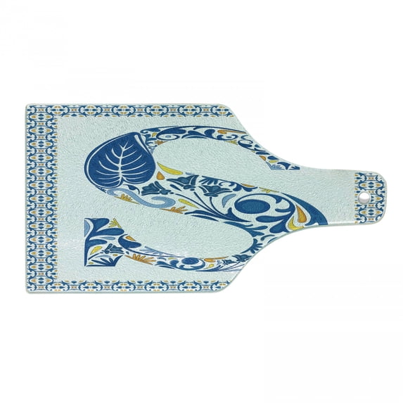 Letter S Cutting Board, Old Fashioned Alphabet Typography Design in a Frame with Azulejo Motifs, Tempered Glass Cutting and Serving Board, Wine Bottle Shape, Blue Yellow Orange, by Ambesonne