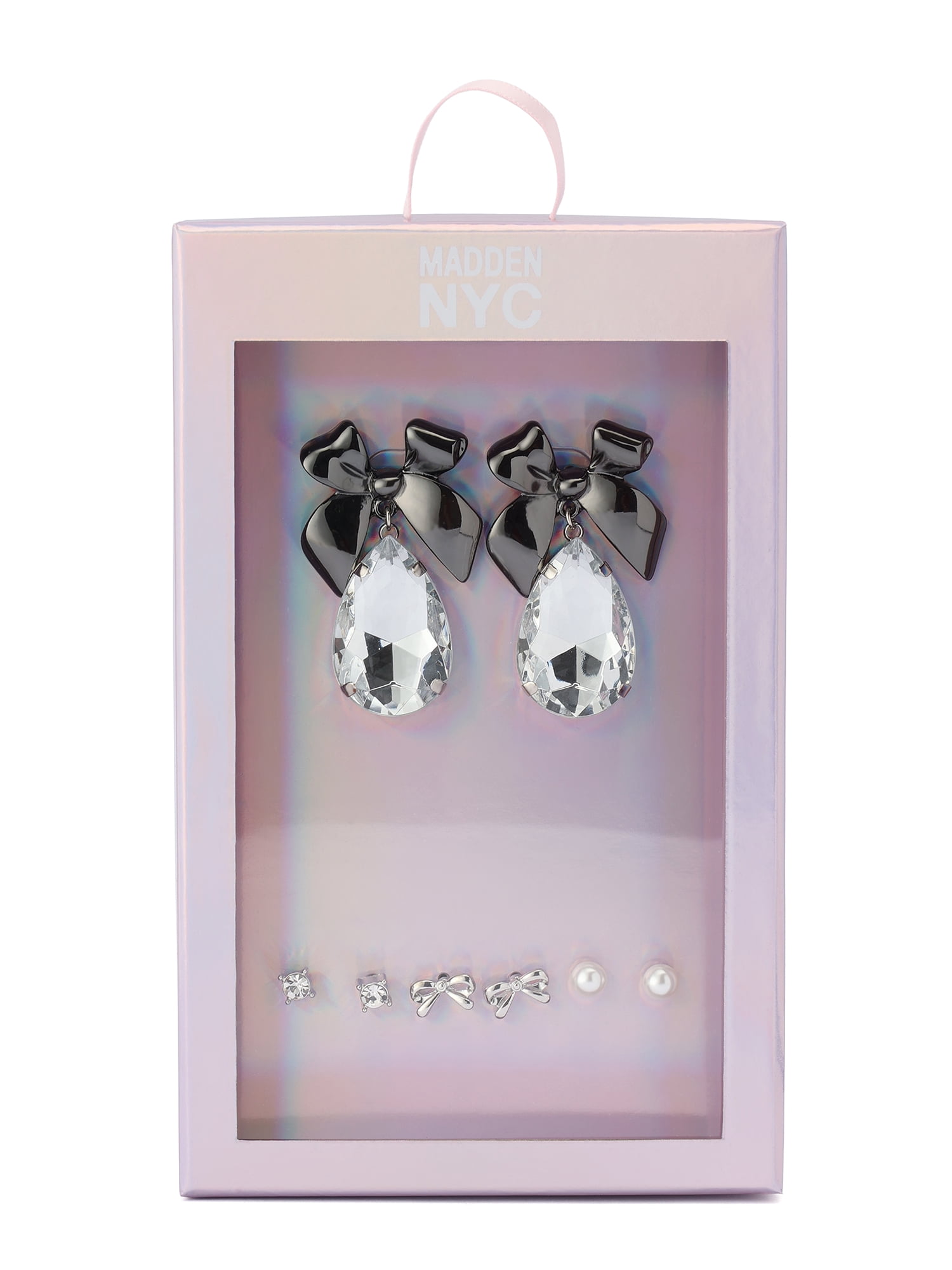 Madden NYC Women's Fashion Rhodium Bow Stone Gem Drop & Stud Earring 4-Piece Giftable Boxed Statement Set