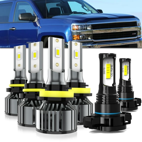 LECCIBUB LED Headlight Bulbs Compatible With SILVERADO 1500 2500 3500 HD 2007-2015,9005/H10/HB3 High Beam H11/H8/H9 Low Beam   5202/H16 Fog Lights,6500K White,Pack of 6