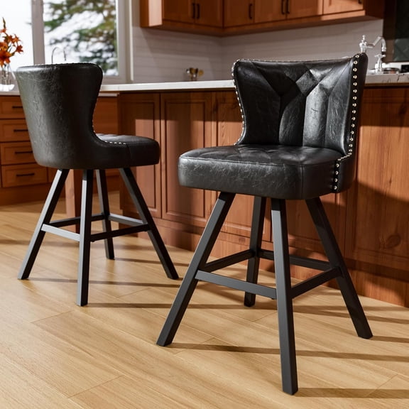 Set of 2 Black Leather Swivel Counter Stools - 26" Kitchen Island Bar Height with Back & Metal Frame