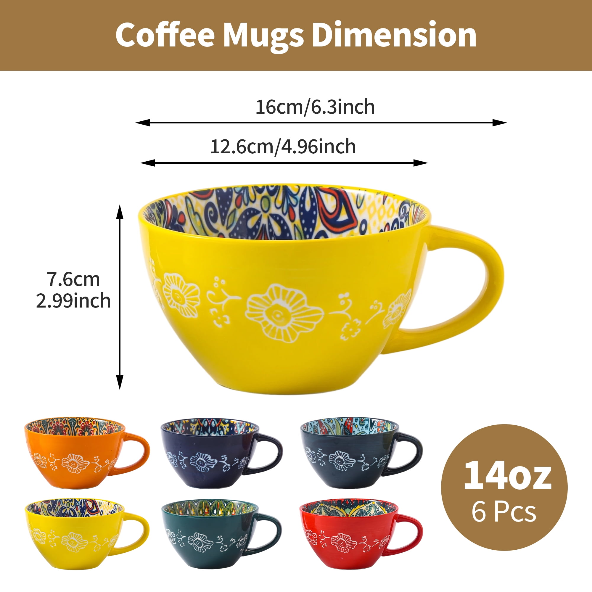 Coffee Mug Set of 6, 14 oz Coffee Mug Ceramic with Handle, Porcelain Tea Cups Set, 6 Pcs Coffee Cups for Cappuccino, Latte, Espresso, Microwave & Dishwasher Safe, Ideal Gift for Your Love