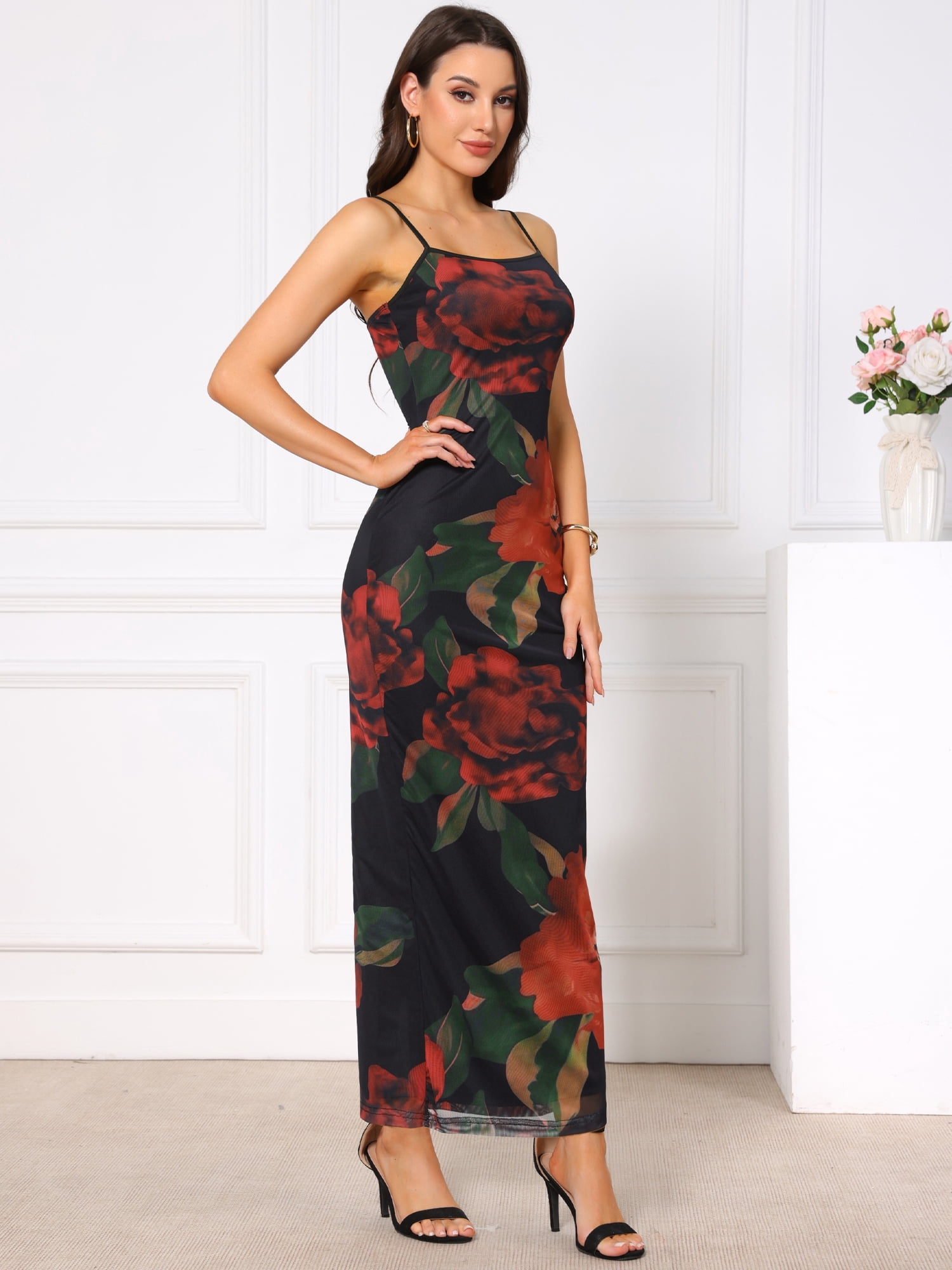 DARING DIVA Women's Floral Sleeveless Spaghetti Strap Mesh Maxi Dress S Black