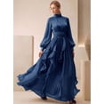 thumbnail image 4 of Womens Blue Long Sleeve High Neck Maxi Dress Ruched Waist Flowy Ruffle Hem, 4 of 6