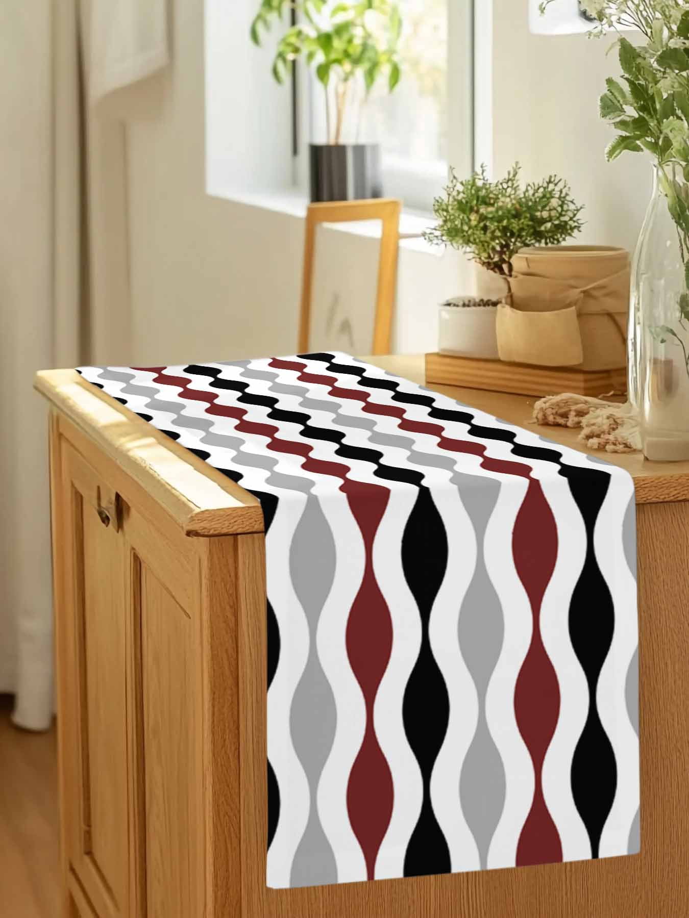 Mid Century Burgundy Red Ripple Table Runner 90 Inches Long, Grey Stripe Abstract Geometric Table Runners Tabletop Scarf Kitchen Dining Tables Decoration for Home Party Indoor Outdoor