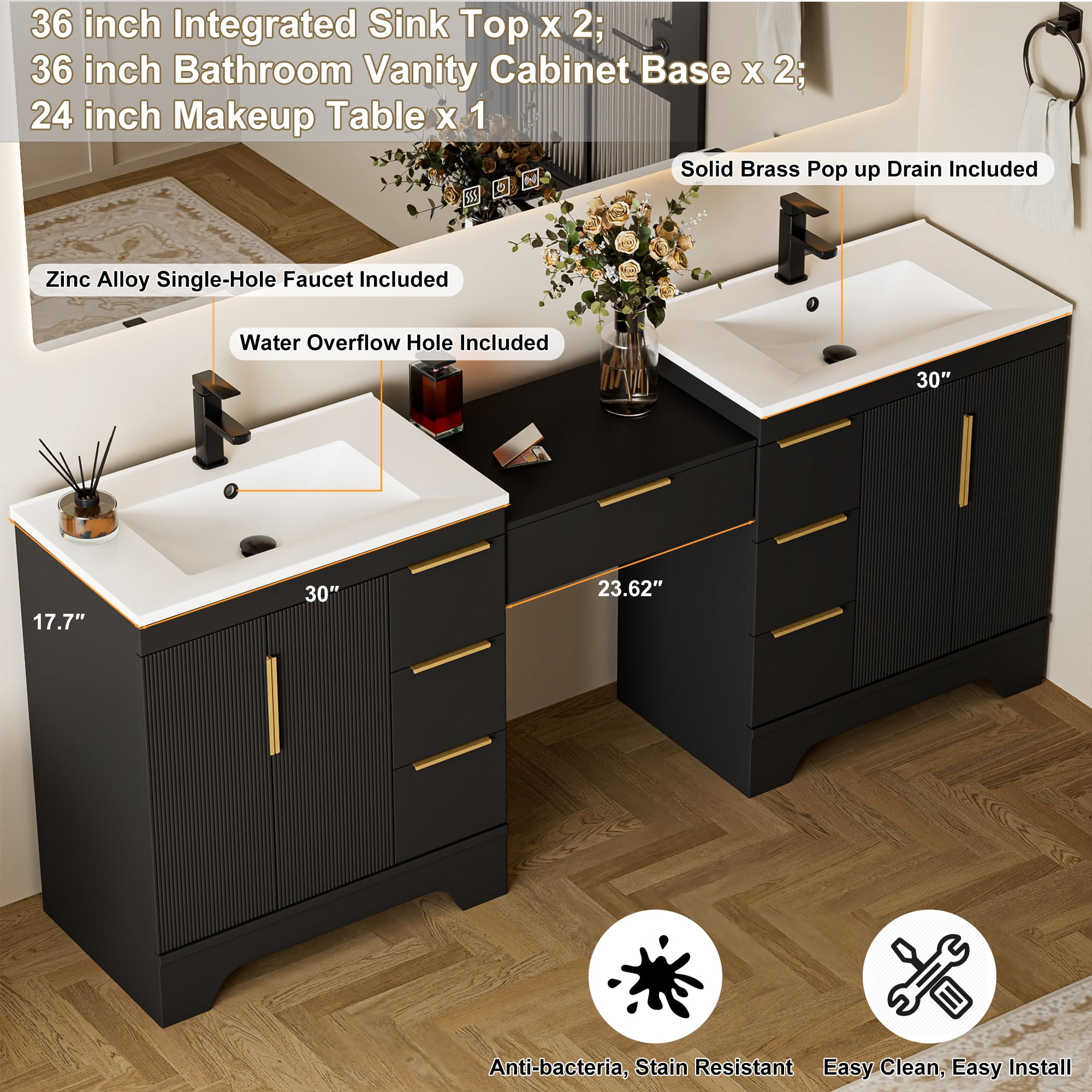 Eclife 84'' Bathroom Vanity with Double Integrated Sink, Wall-Mounted Makeup Table, Soft-Close Doors