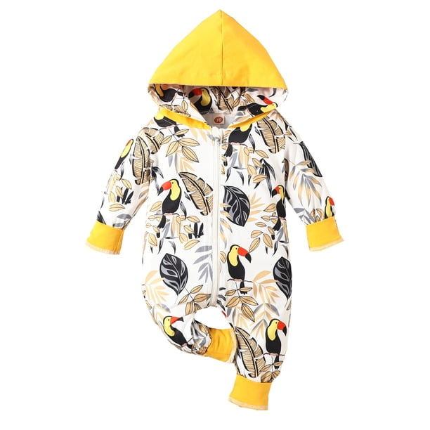 Gibobby Pantalones cortos con cremallera de manga larga para niños pequeños y niñas con estampado de dibujos animados traje con capucha mono(Amarillo, 9-12 Meses)