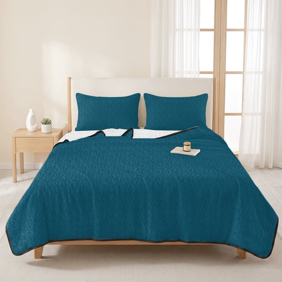 3 Pieces Queen Quilt Set,Dark Teal Soft Bedding Sets with 1 Quilt & 2 Pillow Shams,Solid Green Color Summer Bedspread Lightweight Coverlet Comforter for All Season