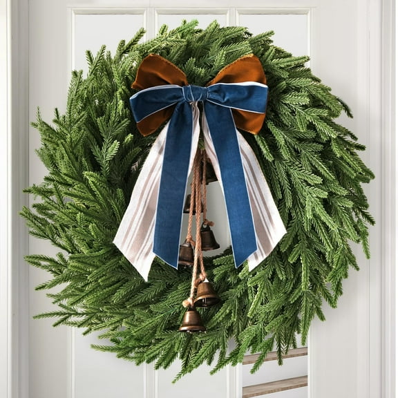 22" Artificial Pine Christmas Wreath with Blue Brown Bow & Bronze Bells - Faux Evergreen Wreath for Holiday Front Door, Home Christmas Decoration Indoor Outdoor
