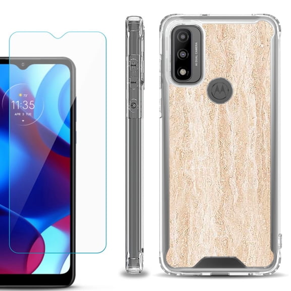 Shockproof Bumper Phone Case for Motorola Moto G Pure, with Tempered Glass Screen Protector, by OneToughShield ® - Marble/Coffee Tone