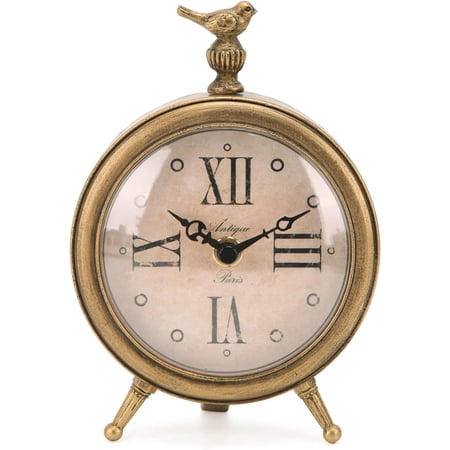 Vintage Table Clock with Bird, Decorative Desk Metal Table Clocks Rustic Mantel Clock Non-Ticking, Metal Frame with Antique Gold Finish