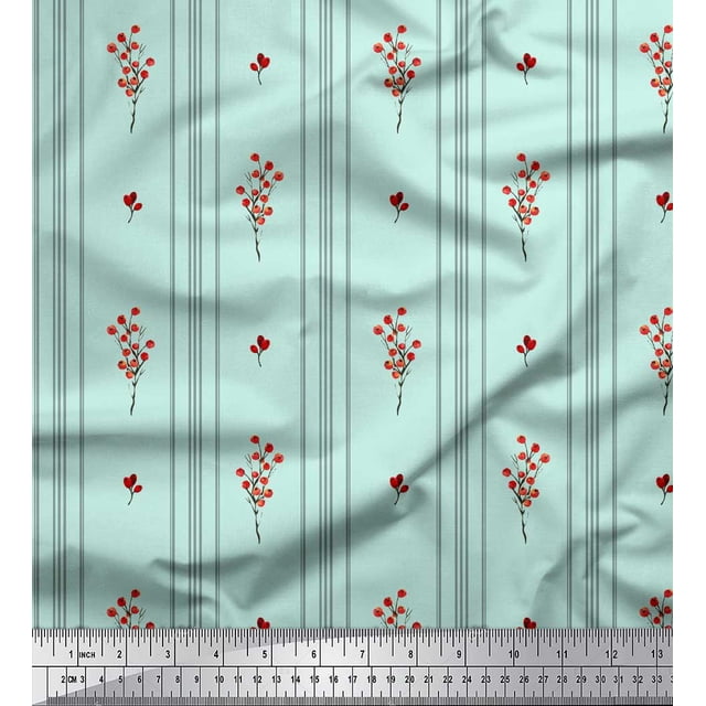 Soimoi Tissu Crêpe polyester Vert Baies Rouges & Rayures Tissu Décoratif Imprimé au Mètre 42 Pouces de Large