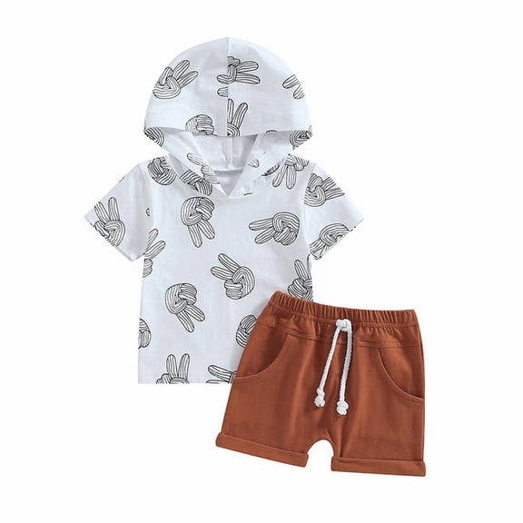 Otqutp Toddler Baby Boys Hooded Summer Clothes Alphabet Print Short Sleeve Tops and Shorts Sets Cute Summer Outfit for 0 To 3 Years(White,3-6 Months)