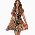 thumbnail image 2 of Leopard Print Autumn Leaves Pattern Women Dress V-Neck Short Sleeve Flowy Swing Party Midi Dress, 2 of 4