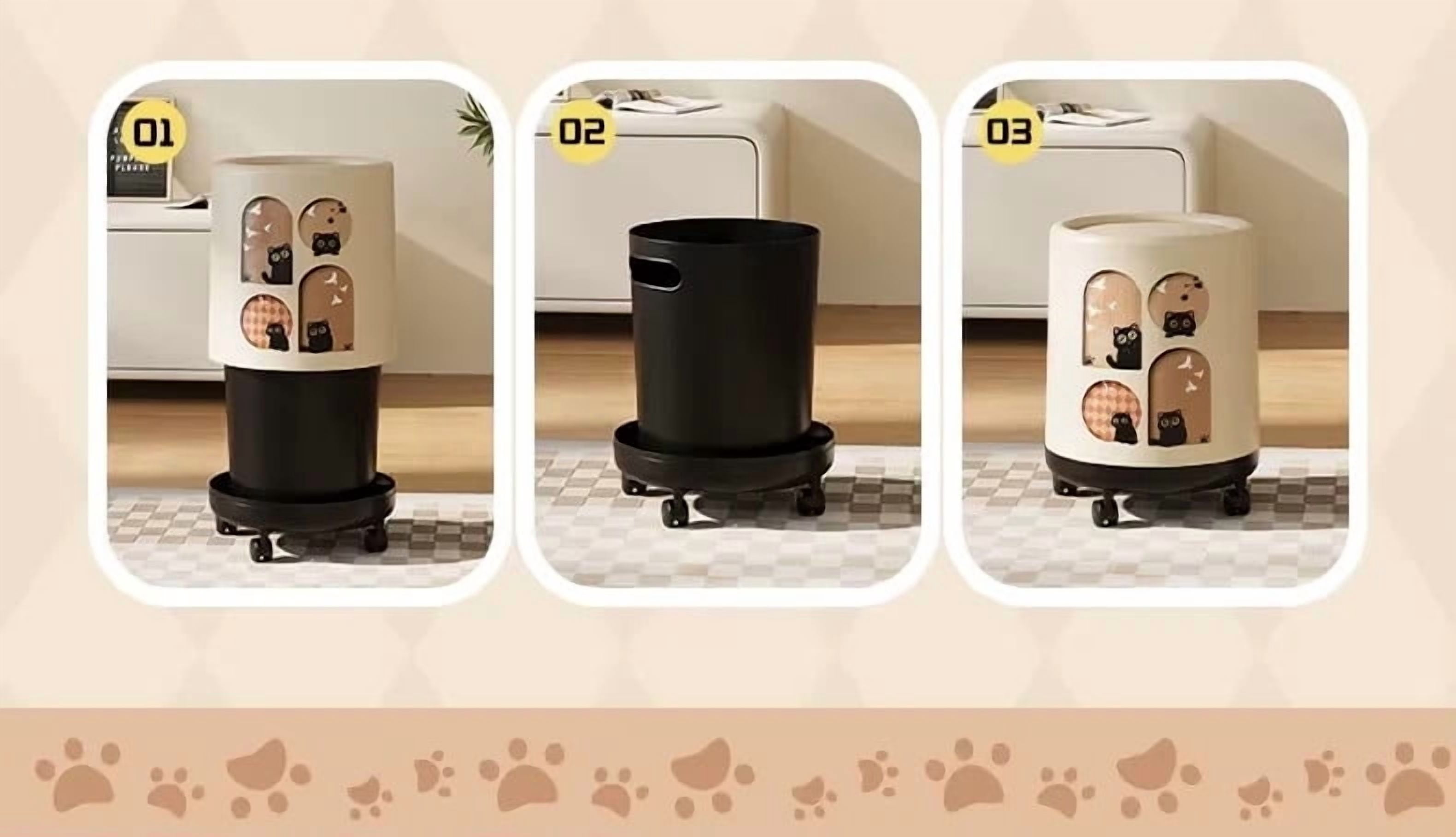 DFS 12L Compact Trash Can with Lid and Wheels, Space Saving Cat Design Trash Bin with Odor Control for Home, Bathroom, Office