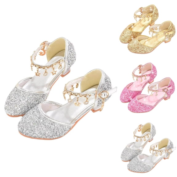 SGFCWSX Girls Low Heel Shoes Kids Glitter Star Ankle Strap Closed Toe Wedding Party Flower Girl Shoes Silver Size 12 Little Kids