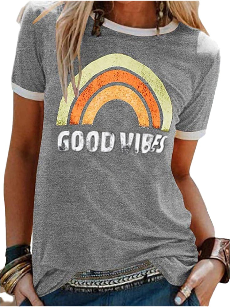 Good Vibes T Shirt for Women Rainbow Print Graphic Tees Short Sleeve Summer Casual Top Shirts