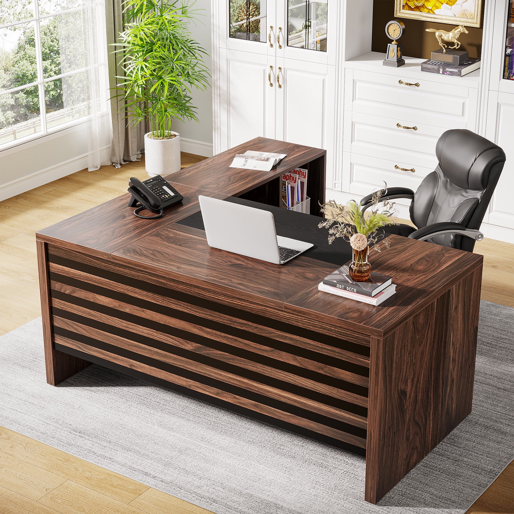 Tribesigns 62.2" Executive Desk with Mobile File Cabinet, L-Shaped Office Desk with Storage Shelves, Large Computer Desk Business Workstation Set for Home Office, Dark Brown