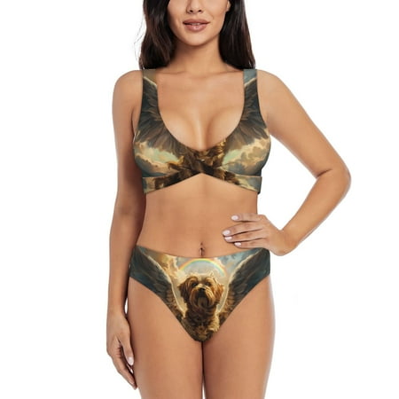 Zeuib Cloud Rainbow Winged Dog High Waisted Tummy Control Bikini Set - Knot Front Push Up Top & Cheeky Thong Bottom  Two-Piece Swimsuit for Women-Medium