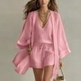 thumbnail image 2 of Dianli Women's Three Piece Linen Summer Outfit, V-Neck Cami Top, Loose Cardigan, and Drawstring Shorts Set, Casual Beach Cover Up, Comfortable Vacation Resort Wear Pink M, 2 of 10
