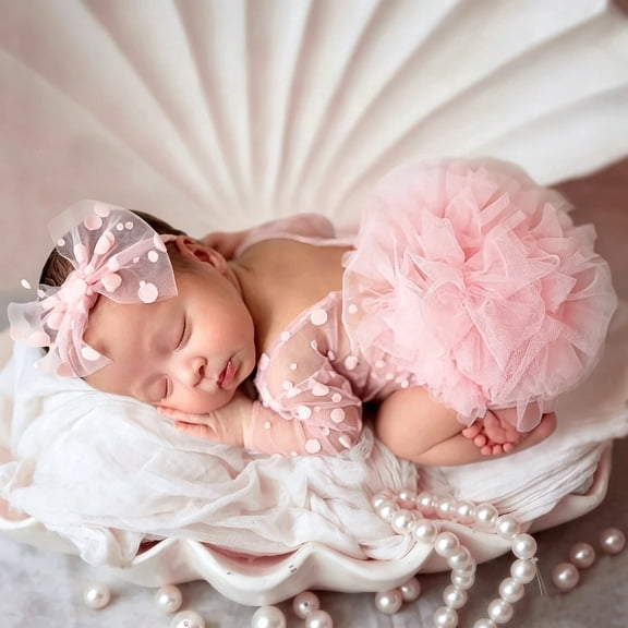 Ylsteed Newborn Photography Outfits Baby Girl Lace Dots Dress Romper with Bow Headband Photoshoot Clothes 1 Month 100 Day Infant Picture Props