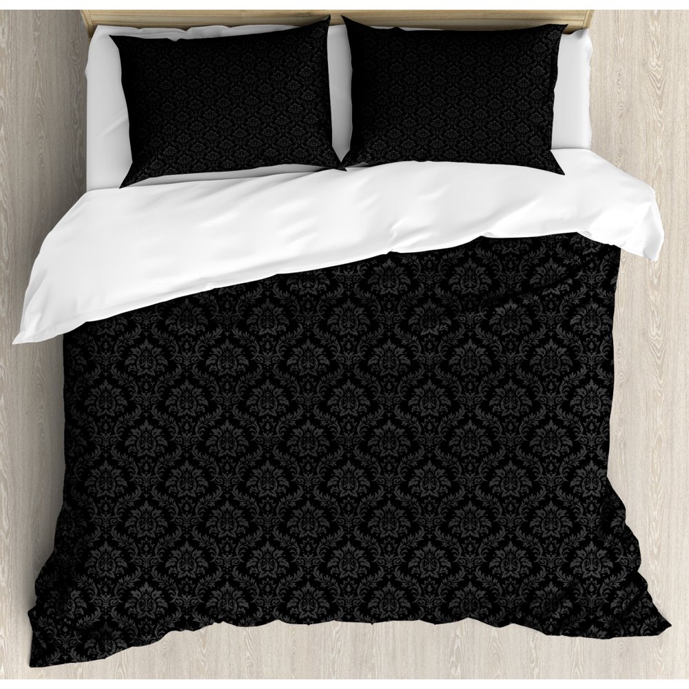 Black and Grey Duvet Cover Set Queen Size, Flourishing Traditional Damask Style with Floral
