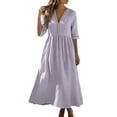 thumbnail image 4 of Josdec Women's V-Neck Lace Trim Dresses 3/4 Sleeve Empire Waist A-Line Solid Color Cotton Linen Casual Dress for Weekend Outings Wear S-XXL, 4 of 9