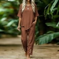 thumbnail image 5 of PRINxy Women All Match Linen Texture Two Piece Outfit Summer Crew Neck Short Sleeve Top Loose Wide Leg Pants Ladies Outdoor Leisure Daily Wear Suit Coffee XL, 5 of 7