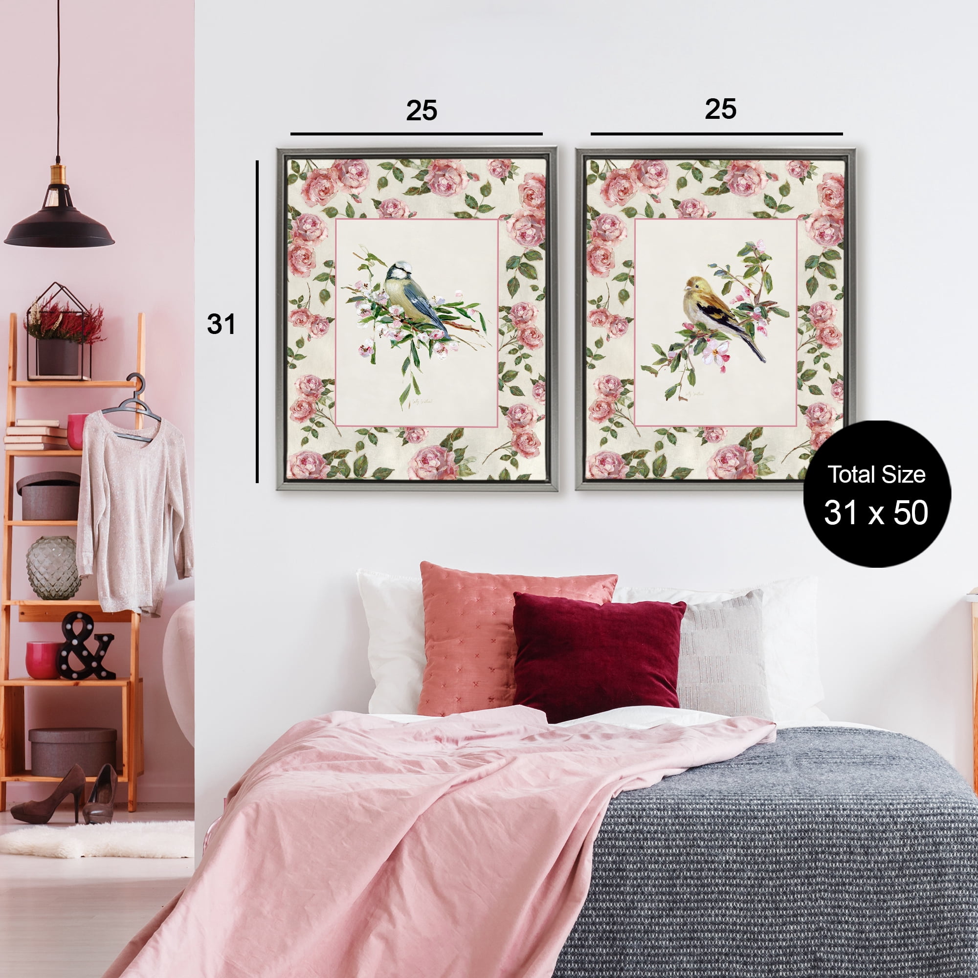 Stupell Industries Dainty Roses & Birds 2 Piece Gray Framed Floater Canvas Set, design by Sally Swatland