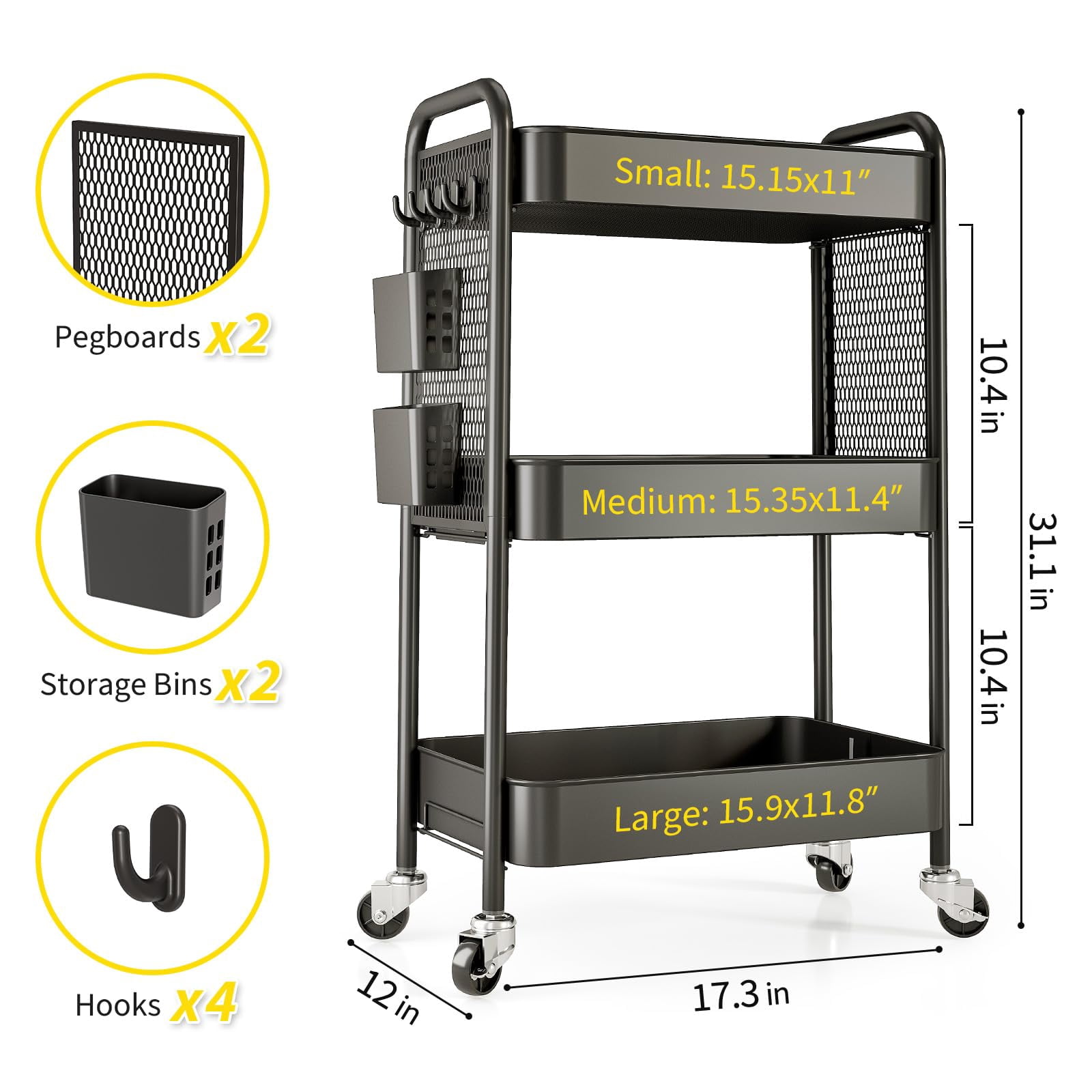 4 Tier Rolling Storage Cart with Pegboard, Metal Organizer Cart with Wheels, Hooks & Bins, Sturdy Multi-Purpose Storage for Bathroom, Kitchen, Office, Nursery