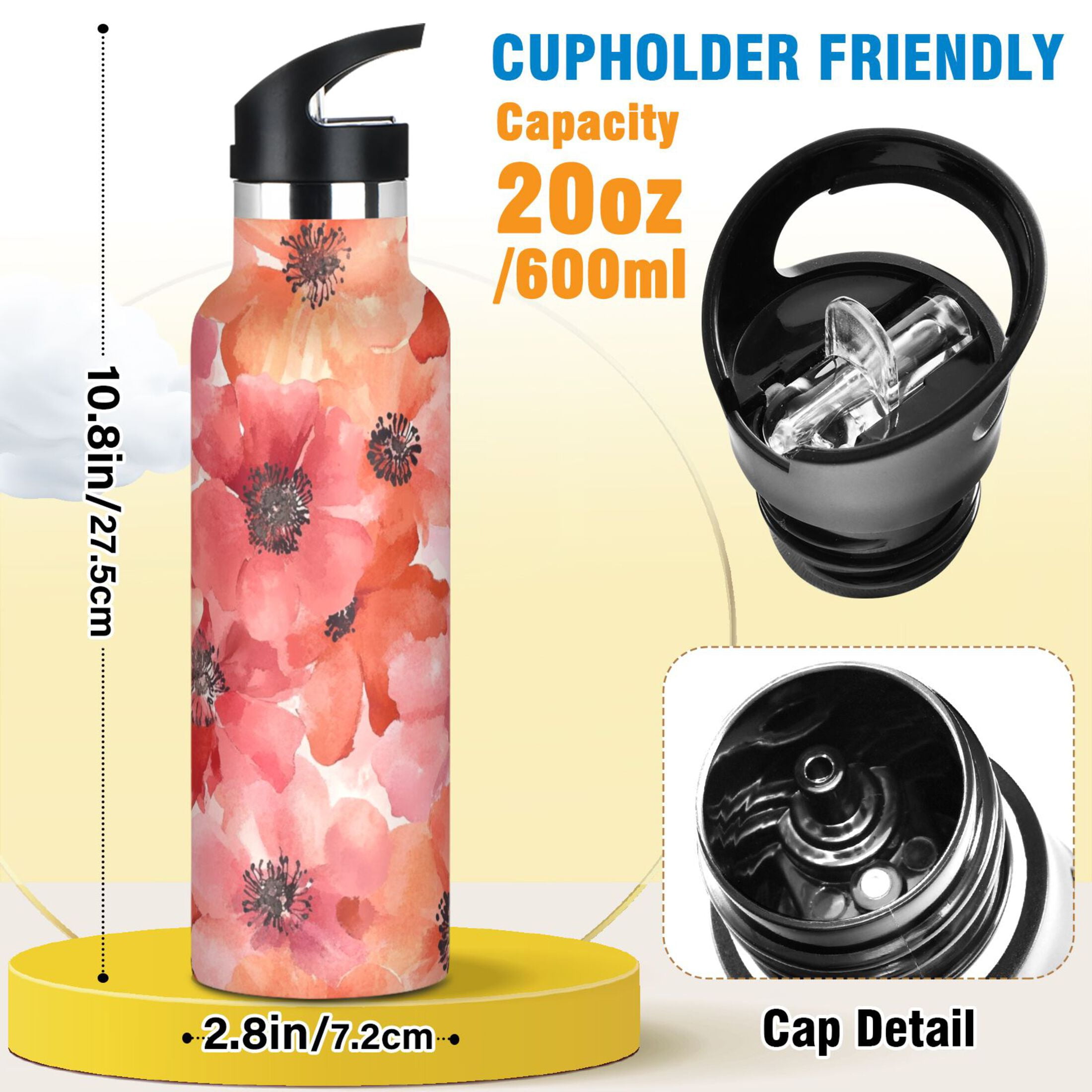 600ML Stainless Steel Insulated Cup Sports Water Bottle Portable Thermos Cup Water Glasses Insulated Tumblers Convenient and Durable Beautiful Red Flower