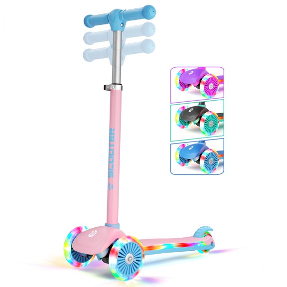 GLAF Kids Scooter for Age 3-8, Toddler Scooter with 3 Adjustable Height & LED Strips for Boys & Girls, Light Up 3-Wheels Kick Scooter, Lean to Steer, Pink
