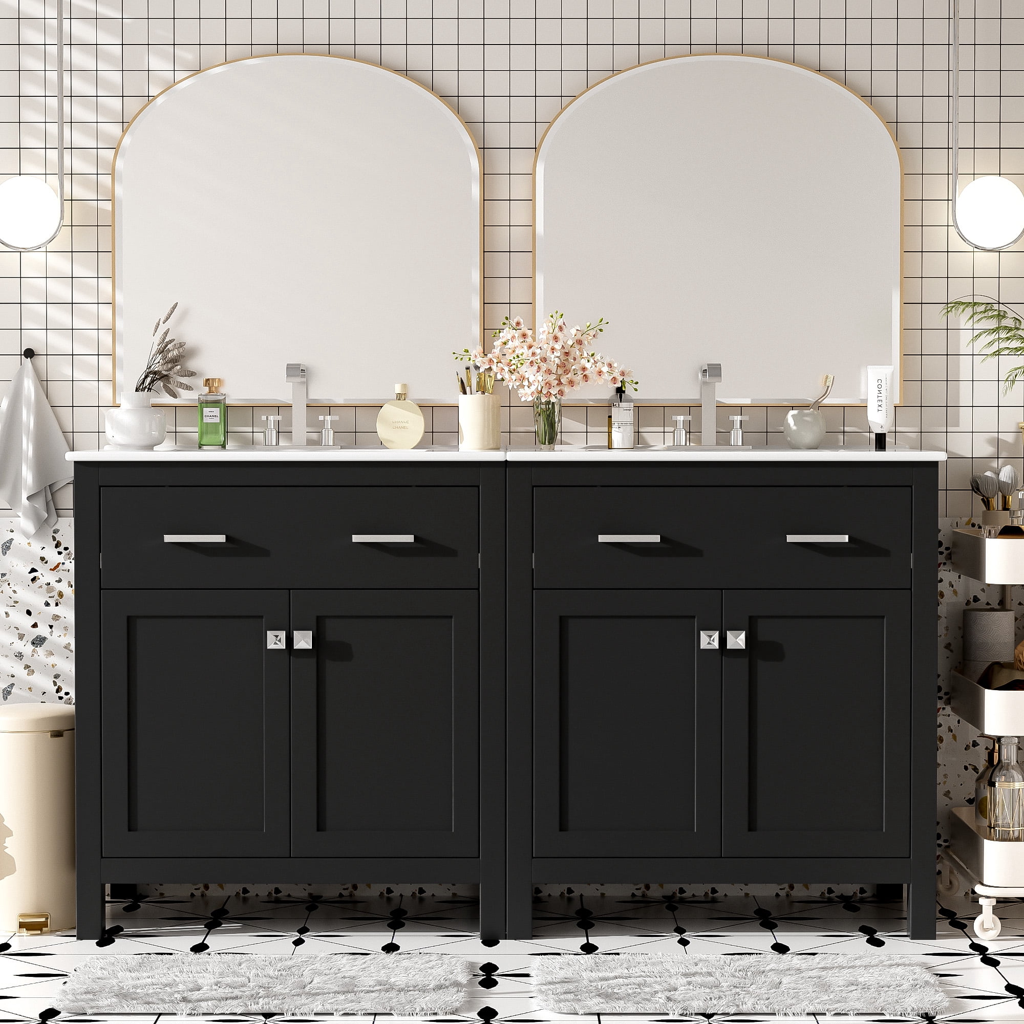 Euroco 60" Modern Black Bathroom Vanity Set with Double Vanities (Separate), Double Ceramic Sinks, Adjustable Shelf, Soft Close Doors and Flip Drawer– Modern Bathroom Solution for Spacious Bathrooms