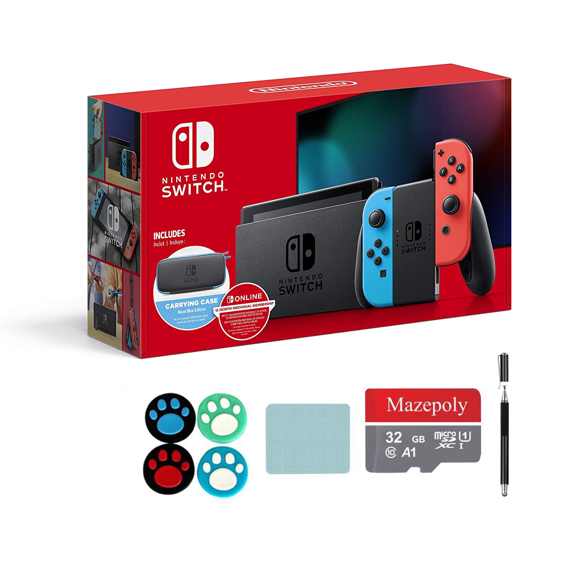 Switch Neon Joy-Con + 12 Month Membership + Carrying Case Mazepoly Accessories - Walmart.com