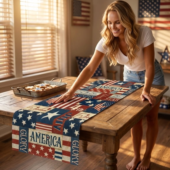 Red White and Blue 4th Of July Decorative Tablecloth And Table Runner Independence Day Patriotic Table Linen Set Dining Table Home Decoration