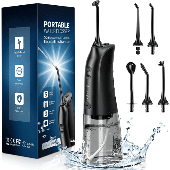 Mpow Water Flosser for Adults, Rechargeable Water Floss with 300ML Water Tank & 5 Jet Tips -Black