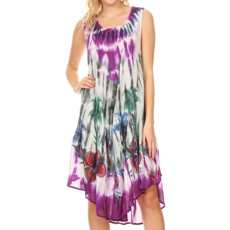 - Sakkas Jimena Women's Tie Dye Sleeveless Caftan Dress Sundress Flare Floral Print - Grey - One Size Regular