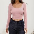 thumbnail image 2 of UJNDER Women's Long Sleeve Crop Tops Square Neck Solid Color Pullover for Casual Streetwear and Everyday Comfort Pink Pink, 2 of 5