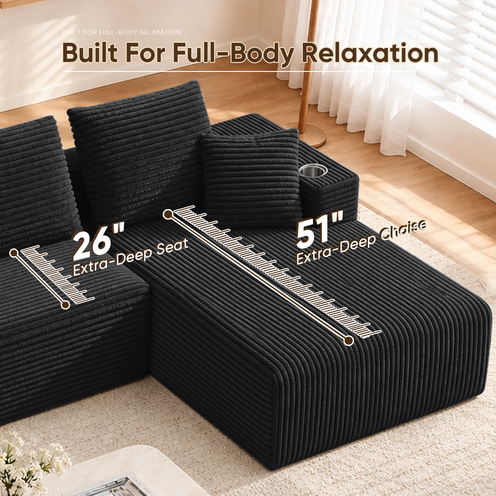 Lunale 95" Modular Sectional Sofa, L-Shaped Boneless Cloud Couch with Cup Holders, Modern Deep Seat Sofa for Living Room, Black (Right Facing Chaise)