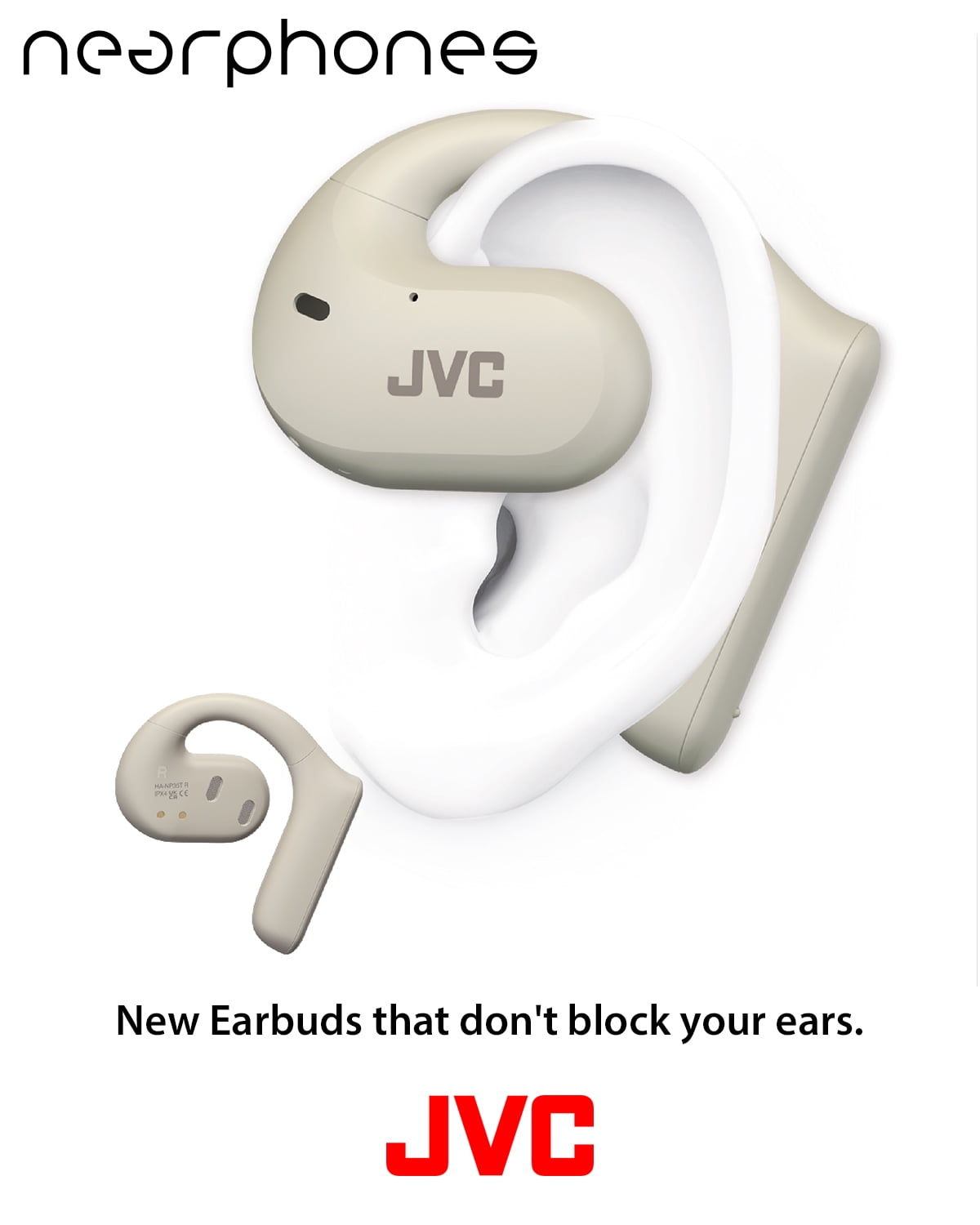 JVC Nearphones Open Ear True Wireless Headphones with 16mm Large Drivers for Powerful Sound, Single Ear use, and Long Battery Life (up to 17 Hours) - HANP35TW (White)