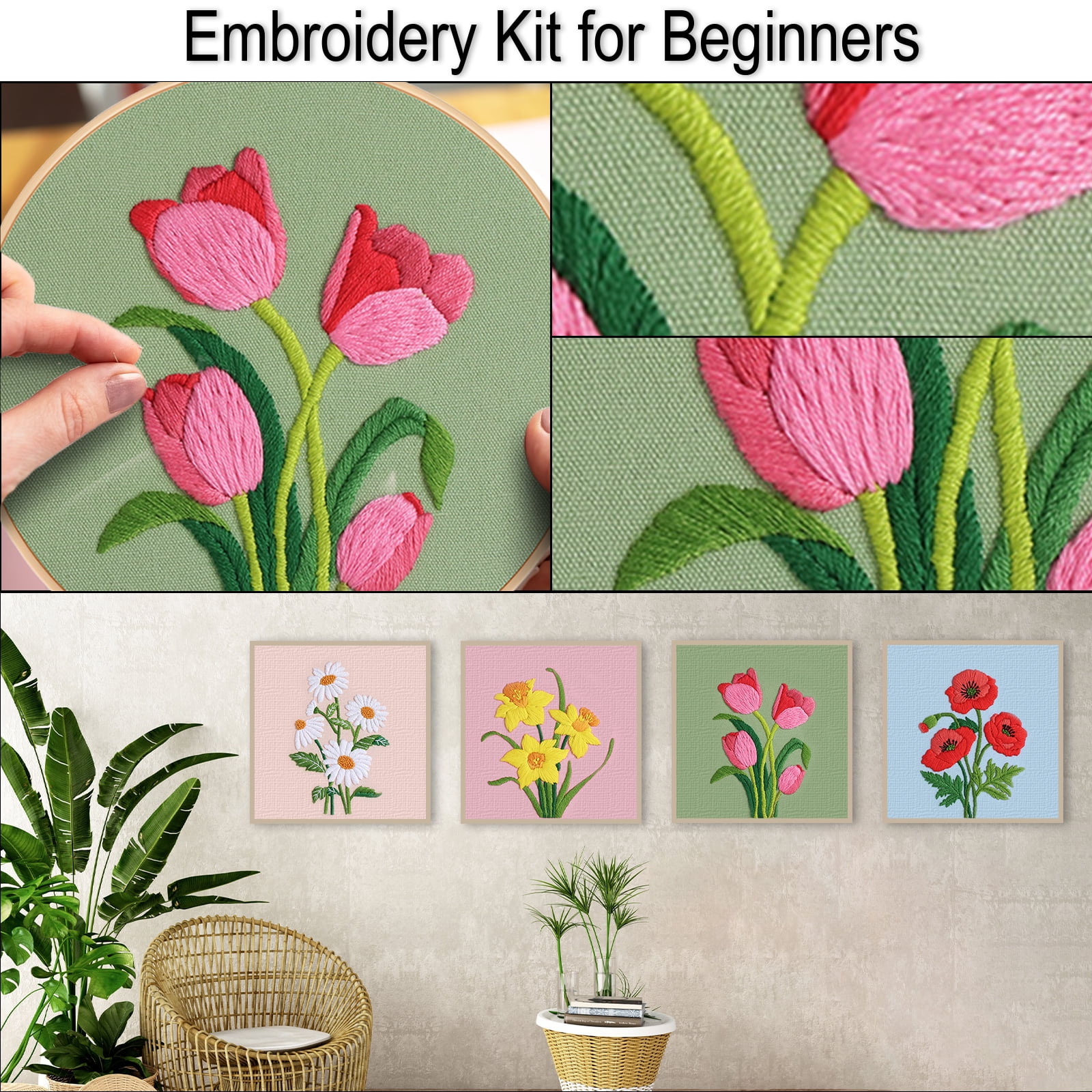 VOCHIC Tulip Embroidery Kits for Beginners,Cross Stitch Kit for