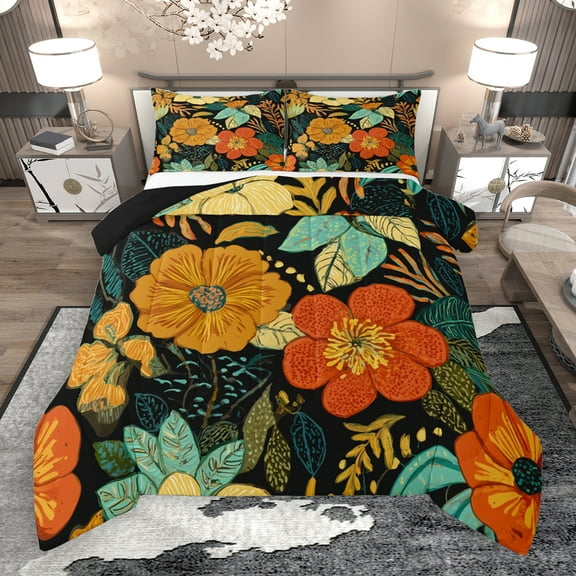 Manfei Colorful Country Floral Bedding Comforter Set,Boho Bohemian Twin Comforter Sets,Orange Green Bedding Set For Girls Kids,Super Cozy Room Decor Reversible,2 Pieces