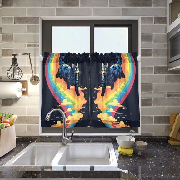 Cat in Rainbow Clouds Kitchen Curtains Half Tier Curtain 2 Rod Pockets Bathroom Bedroom Cupborad Living Room 27"x24"