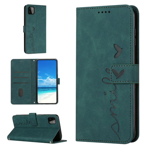For Samsung A22 Case 5G Wallet Cover, PU Leather Kickstand Credit Card Pocket Slots Wrist Strap Magnetic Folio Heart Patterned Embossed Flip Cover for Samsung Galaxy A22 5G, Green