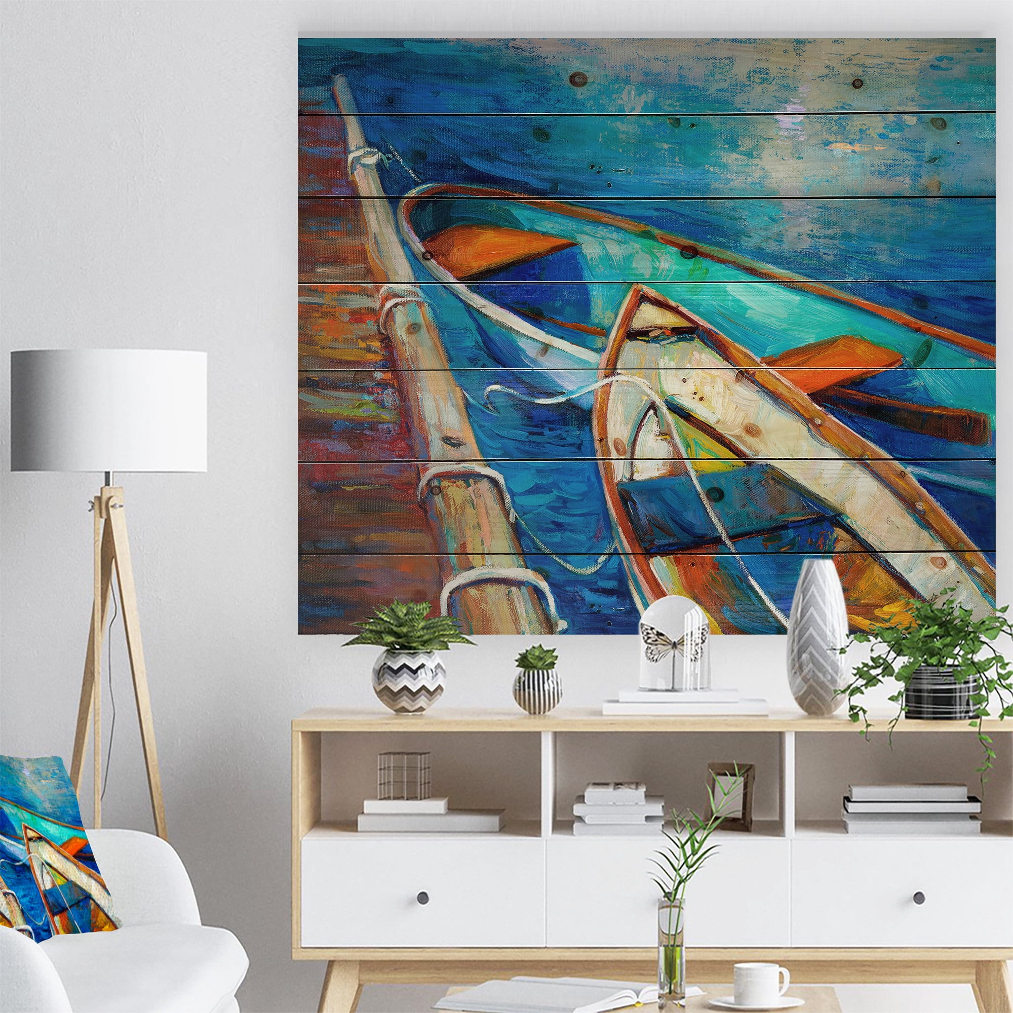 Designart 'Boats and Pier in Blue Shade ' Sea & Shore Print on Natural Pine Wood