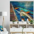 thumbnail image 3 of Designart 'Boats and Pier in Blue Shade' Seascape Print on Natural Pine Wood, 3 of 5